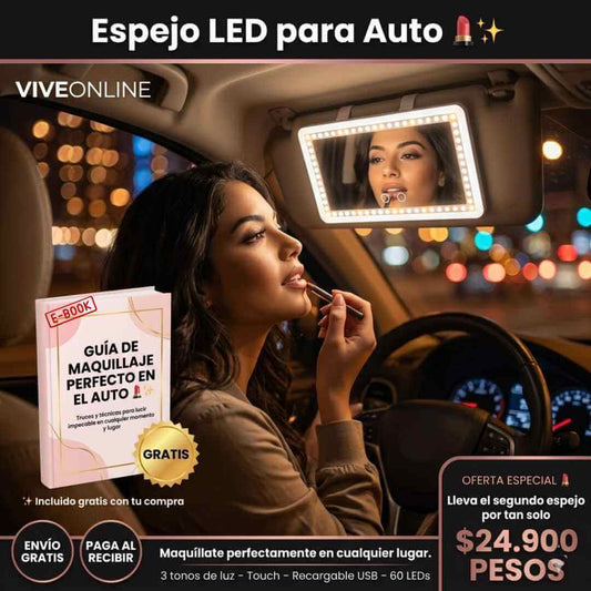 Espejo de Maquillaje LED para Carro — maquíllate perfecta en cualquier lugar con luz profesional táctil + OBSEQUIO