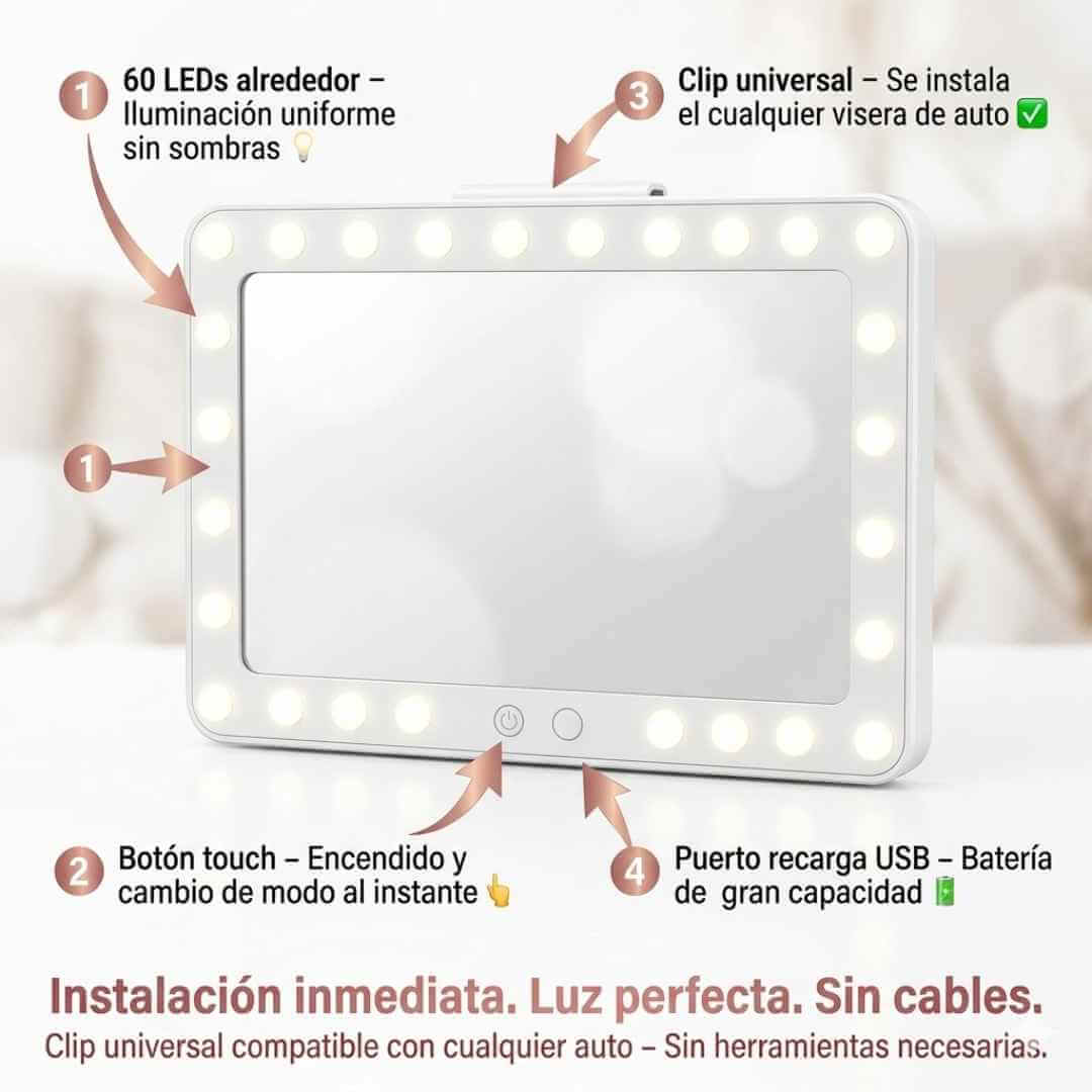 Espejo de Maquillaje LED para Carro — maquíllate perfecta en cualquier lugar con luz profesional táctil + OBSEQUIO