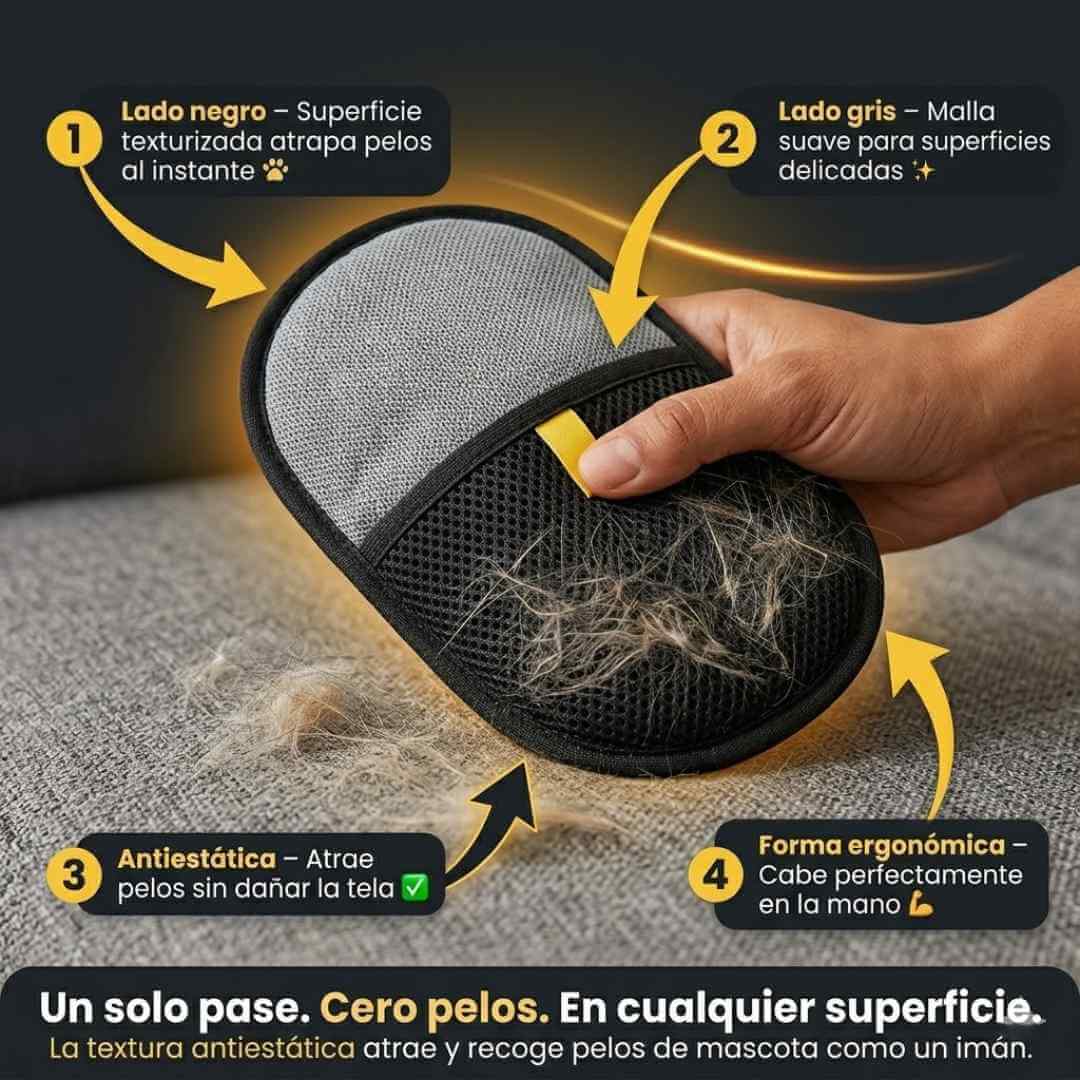 Guante Quitapelos Reutilizable — elimina pelos de mascota de ropa, sofás y camas en segundos sin rollos ni cinta