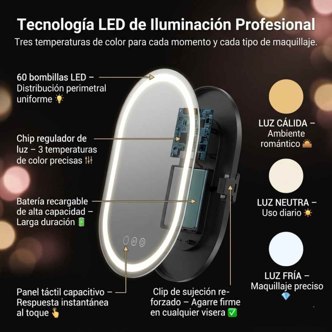 Espejo de Maquillaje LED para Carro — maquíllate perfecta en cualquier lugar con luz profesional táctil + OBSEQUIO
