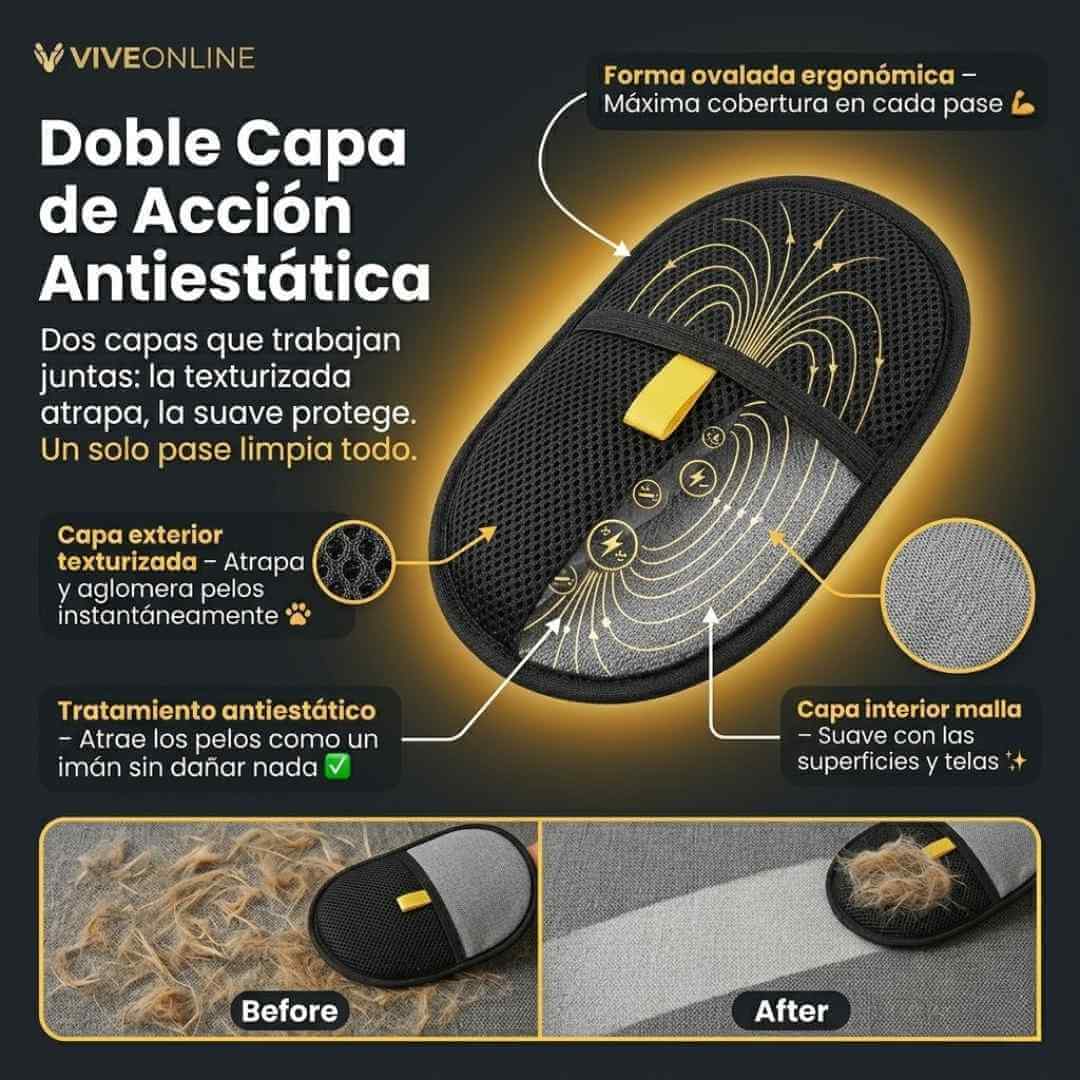Guante Quitapelos Reutilizable — elimina pelos de mascota de ropa, sofás y camas en segundos sin rollos ni cinta