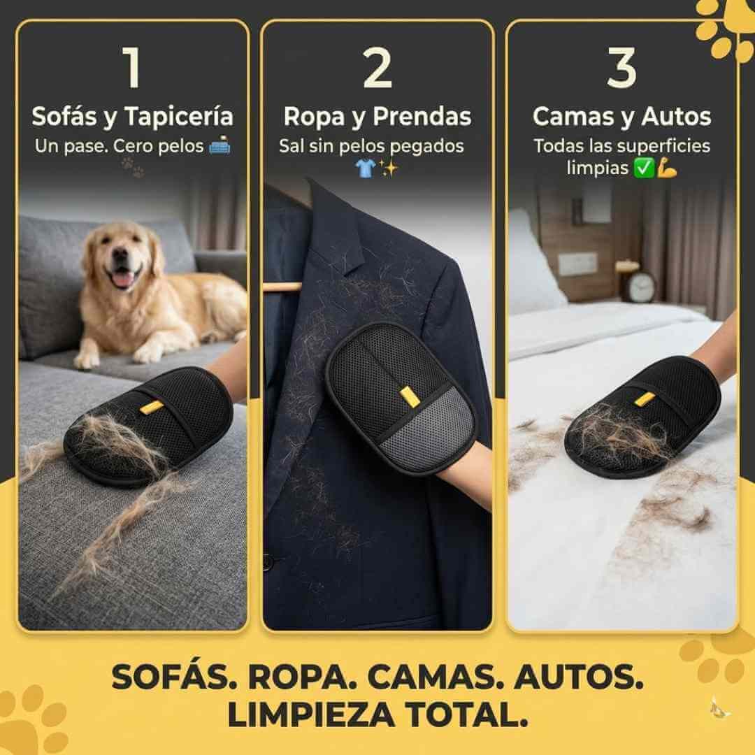 Guante Quitapelos Reutilizable — elimina pelos de mascota de ropa, sofás y camas en segundos sin rollos ni cinta