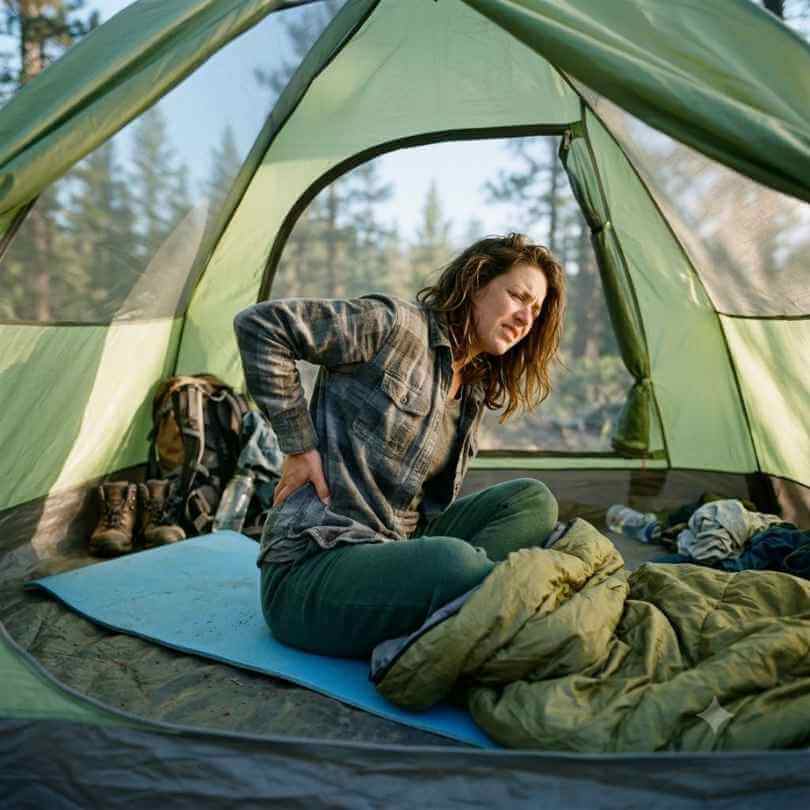Amaneces con dolor de espalda y mal descanso por dormir sobre el suelo duro al acampar.