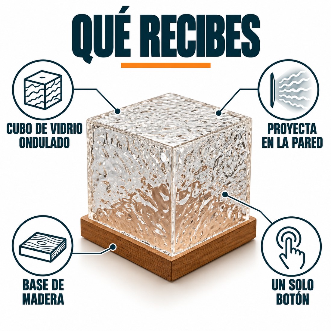 Que recibes: cubo de vidrio ondulado, base de madera, un solo boton
