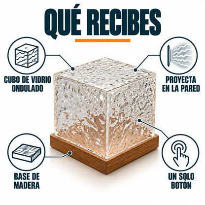 Que recibes: cubo de vidrio ondulado, base de madera, un solo boton