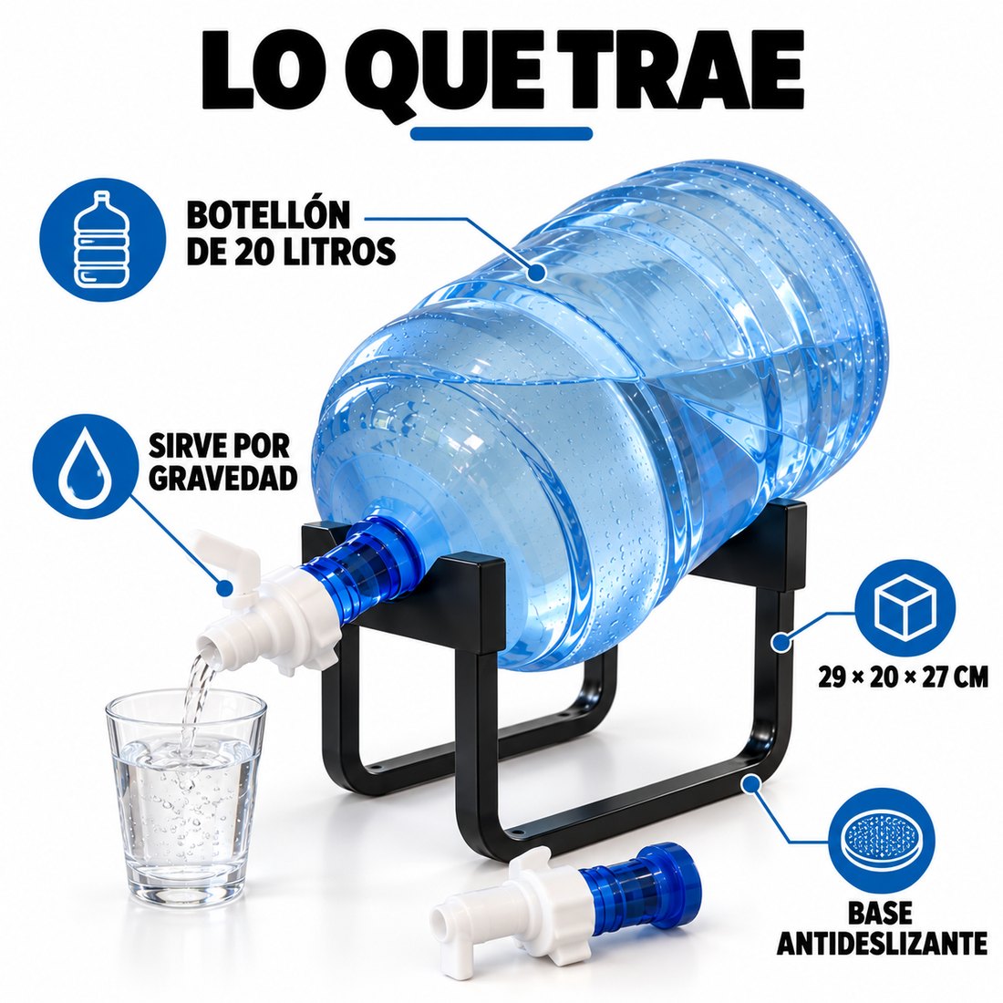 Lo que trae: botellon de 20 litros, sirve por gravedad, base antideslizante, 29 x 20 x 27 cm