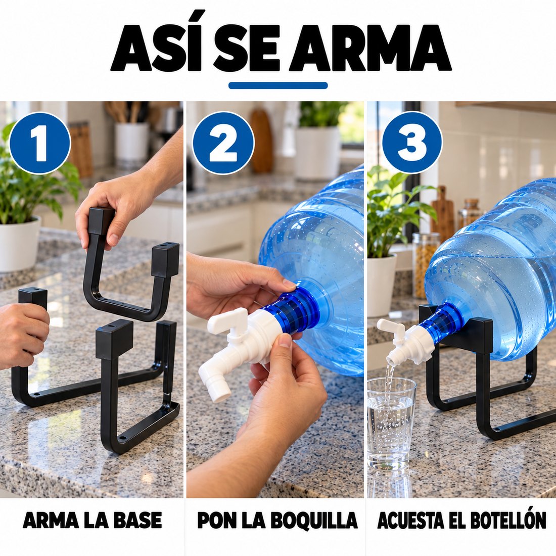 Asi se arma: arma la base, pon la boquilla y acuesta el botellon