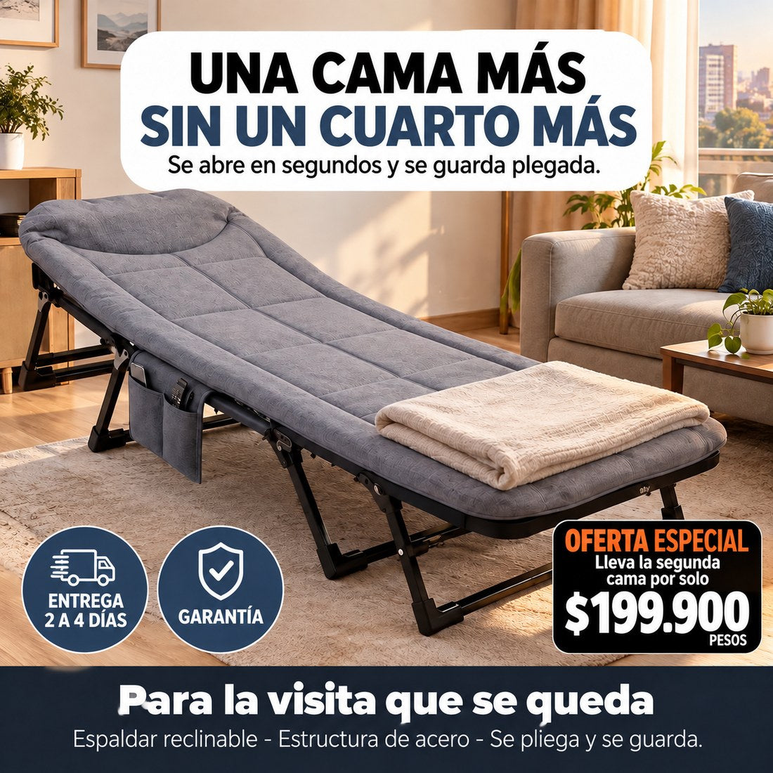 Cama plegable REPOSSA abierta en la sala, lista para la visita