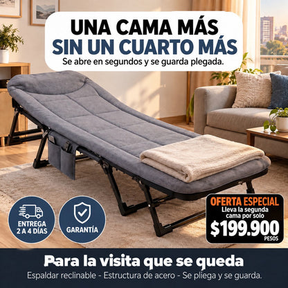 Cama plegable REPOSSA abierta en la sala, lista para la visita