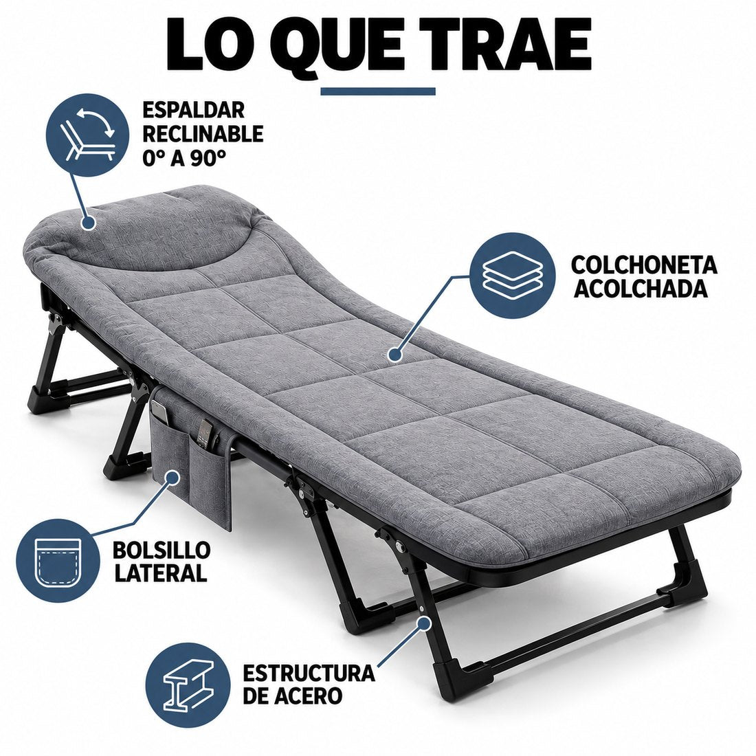 Lo que trae: espaldar reclinable de 0 a 90 grados, colchoneta acolchada, bolsillo lateral y estructura de acero