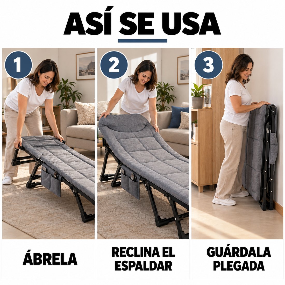 Asi se usa: abrela, reclina el espaldar y guardala plegada