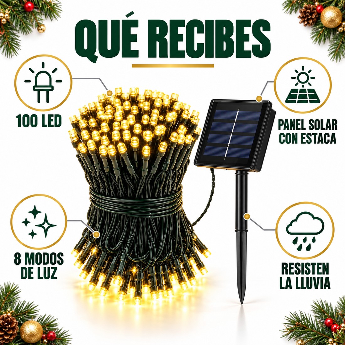 Que recibes: 100 LED, 8 modos de luz, panel solar con estaca y resisten la lluvia