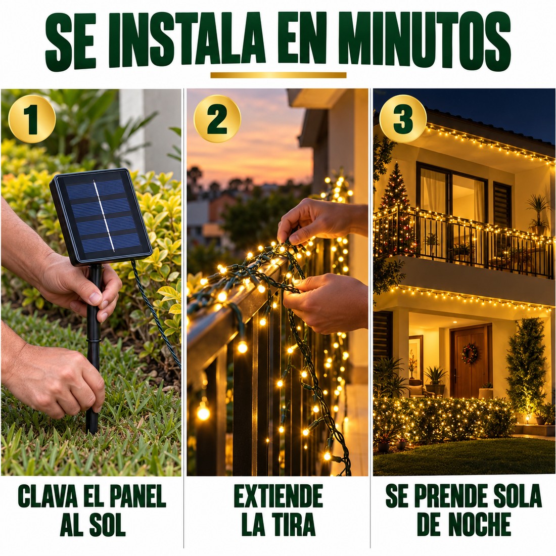 Se instala en minutos: clava el panel al sol, extiende la tira y se prende sola de noche