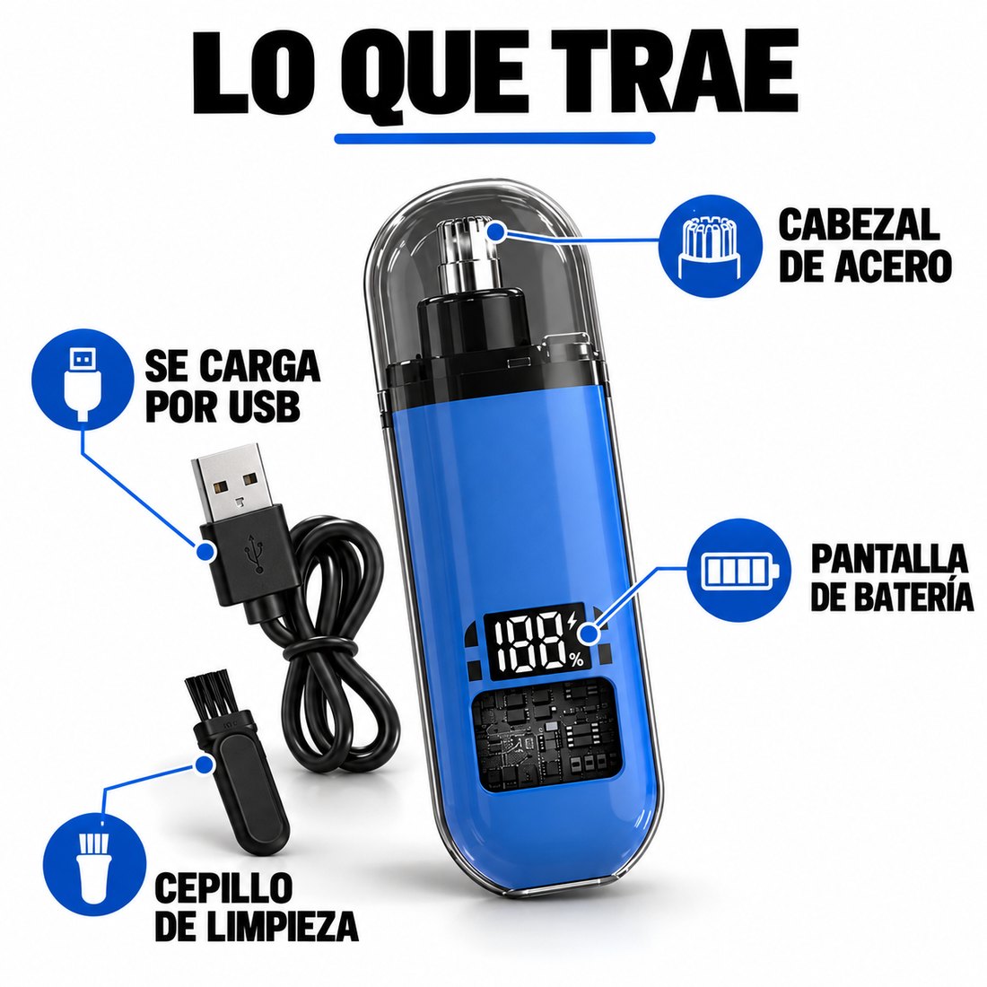 Lo que trae: cabezal de acero, pantalla de bateria, carga USB y cepillo de limpieza