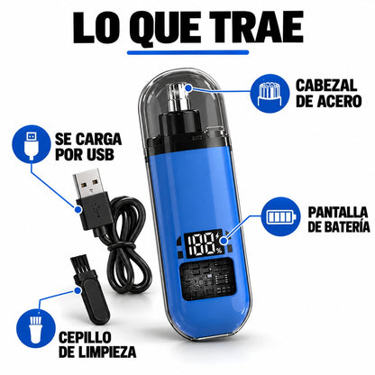 Lo que trae: cabezal de acero, pantalla de bateria, carga USB y cepillo de limpieza