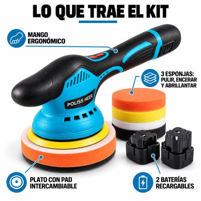 Lo que trae el kit: 2 baterias, 3 esponjas, plato con pad intercambiable y mango ergonomico