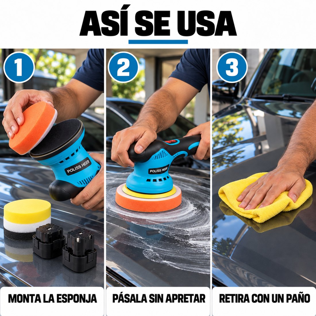 Asi se usa: monta la esponja, pasala sin apretar y retira con un pano