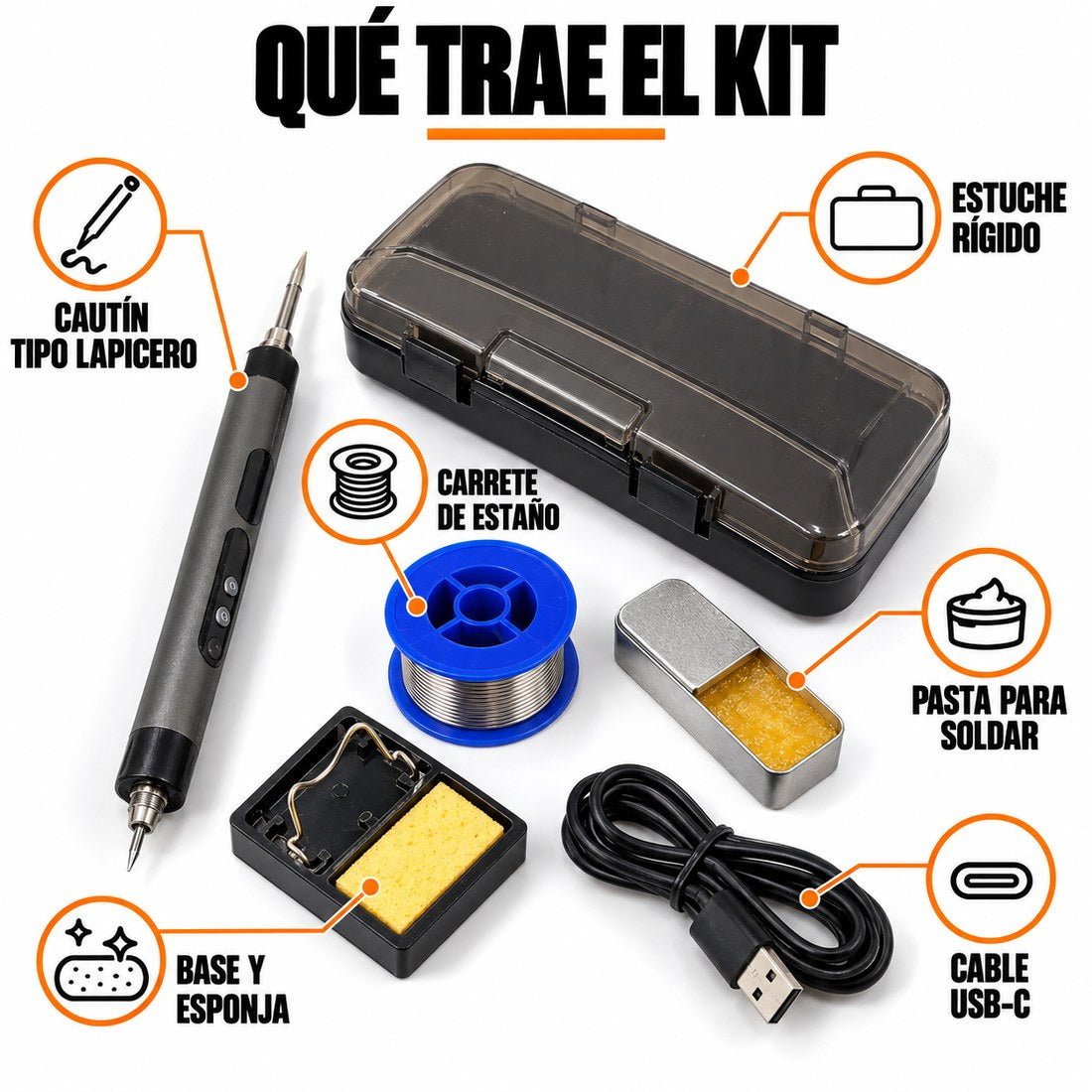 Que trae el kit: cautin, estano, pasta, base y esponja, cable USB-C y estuche