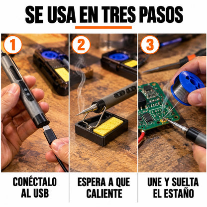 Se usa en tres pasos: conectalo al USB, espera a que caliente, une y suelta el estano